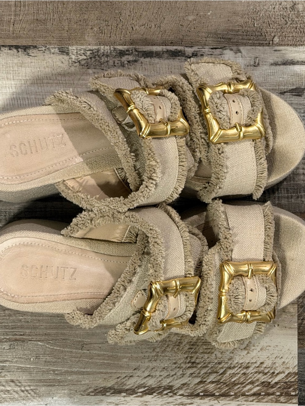 SCHUTZ Beige Frayed Double-Buckle Slide Sandals with Gold Buckles